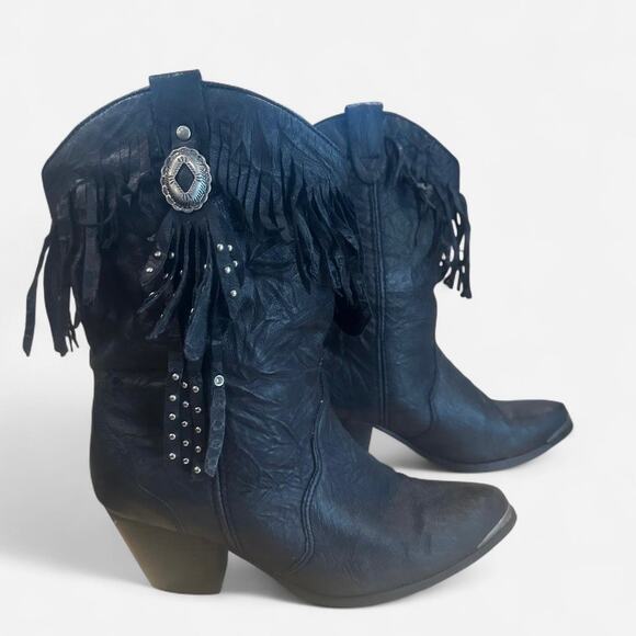 Vintage American West Black Leather Fringe Western Cowgirl Boots Size 8 - Picture 4 of 7